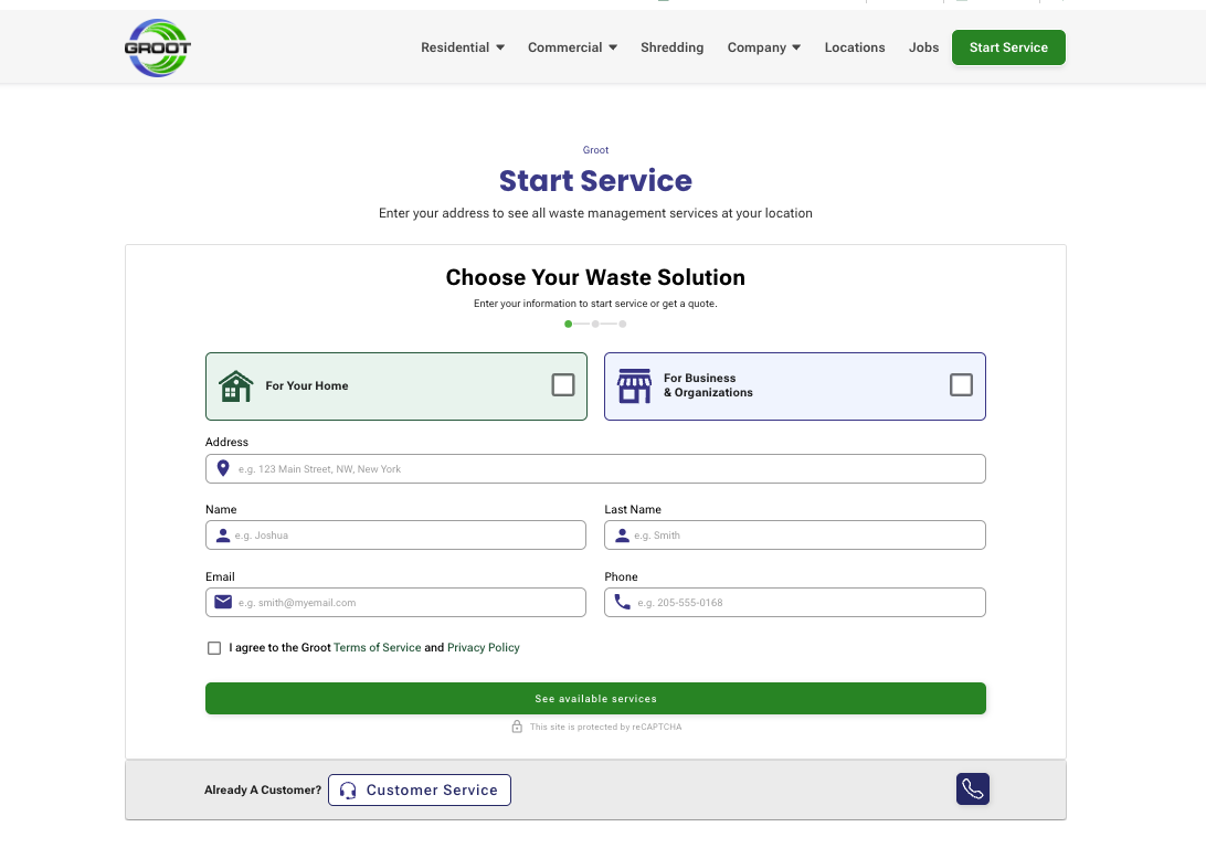Control: generic Start Service page with a multi-step Choose Your Waste Solution form and no commercial context