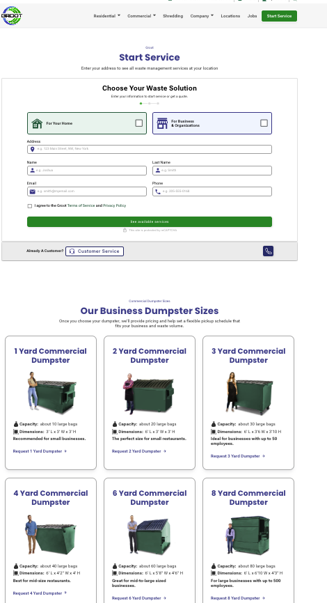 Winning variant: Start Service page with new commercial dumpster sizes section added
